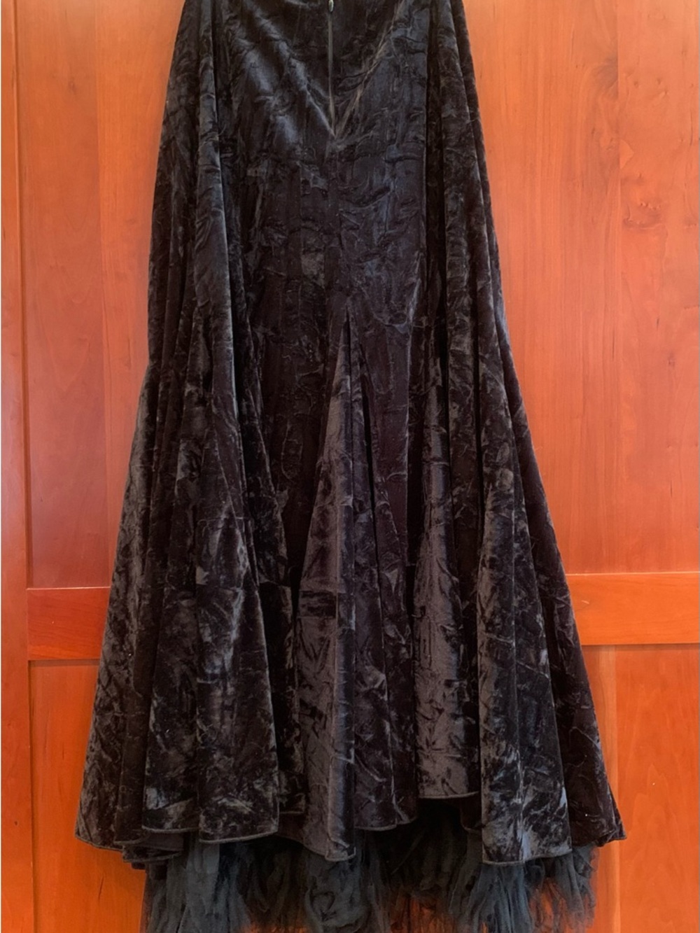 Black Velvet Midi Skirt with Tulle Trim